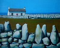 Lundy - The Staring Stones - lonely cottage with stone wall