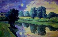 Village in the Moon Remembered - trees, moon and river reflections
