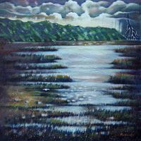 Estuary Series - Thunder Creek - a white owl in a lonely estuary with lightning in the background