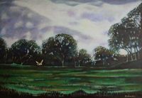 A twilight woodland landscape with a hunting Barn Owl.