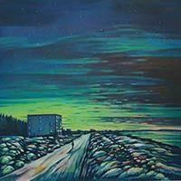 Sunset to Star Rise - a road, a lonely figure and a turquoise and green sky