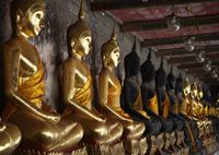 Bangkok - row of gilded and dark Buddhas